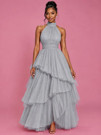 Hot Pink Tulle Halter Neck Tiered Ruffle Maxi Dress