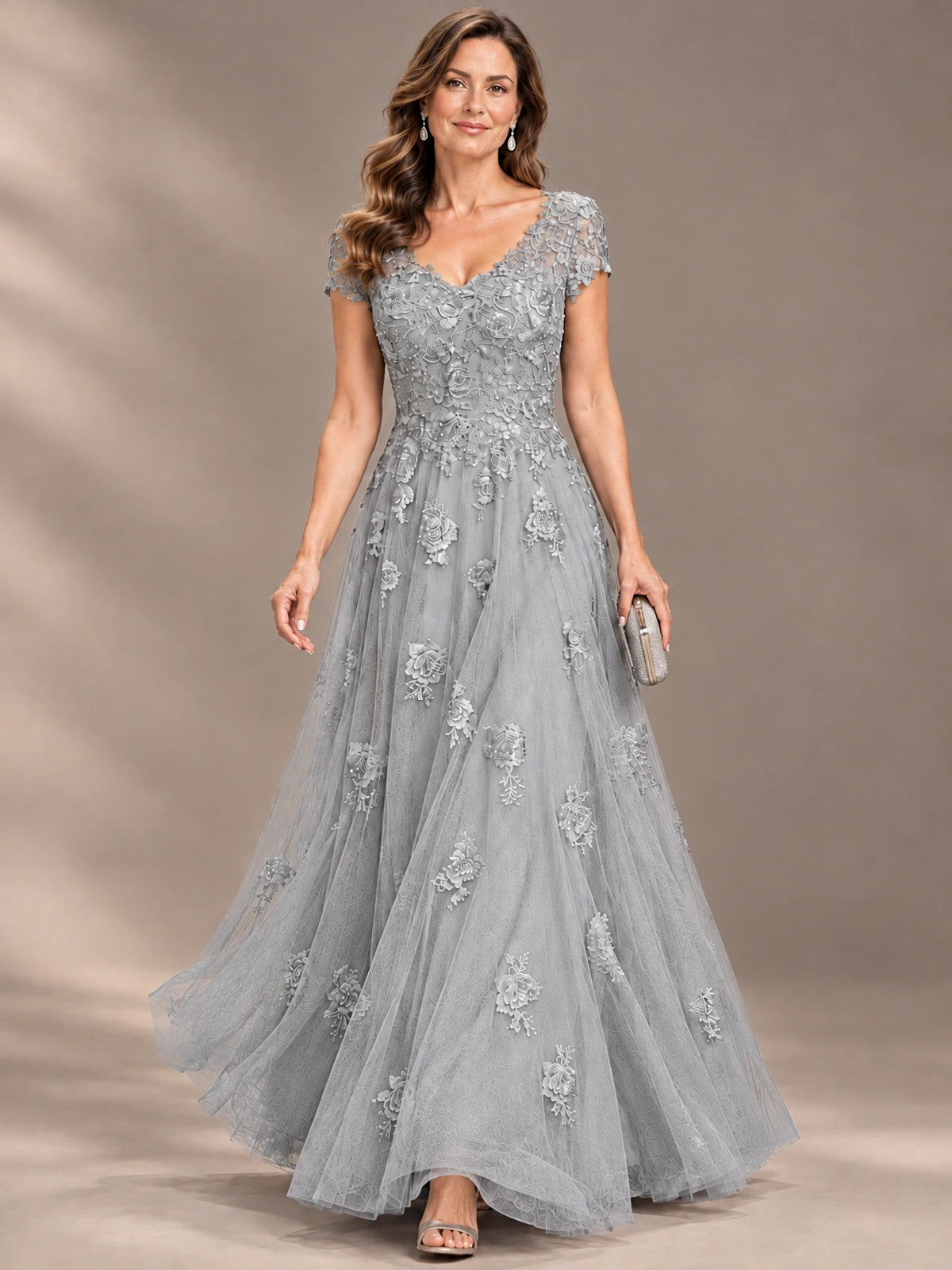 Lace Appliques A-line Mother of The Bride Dresses with Short Sleeves
