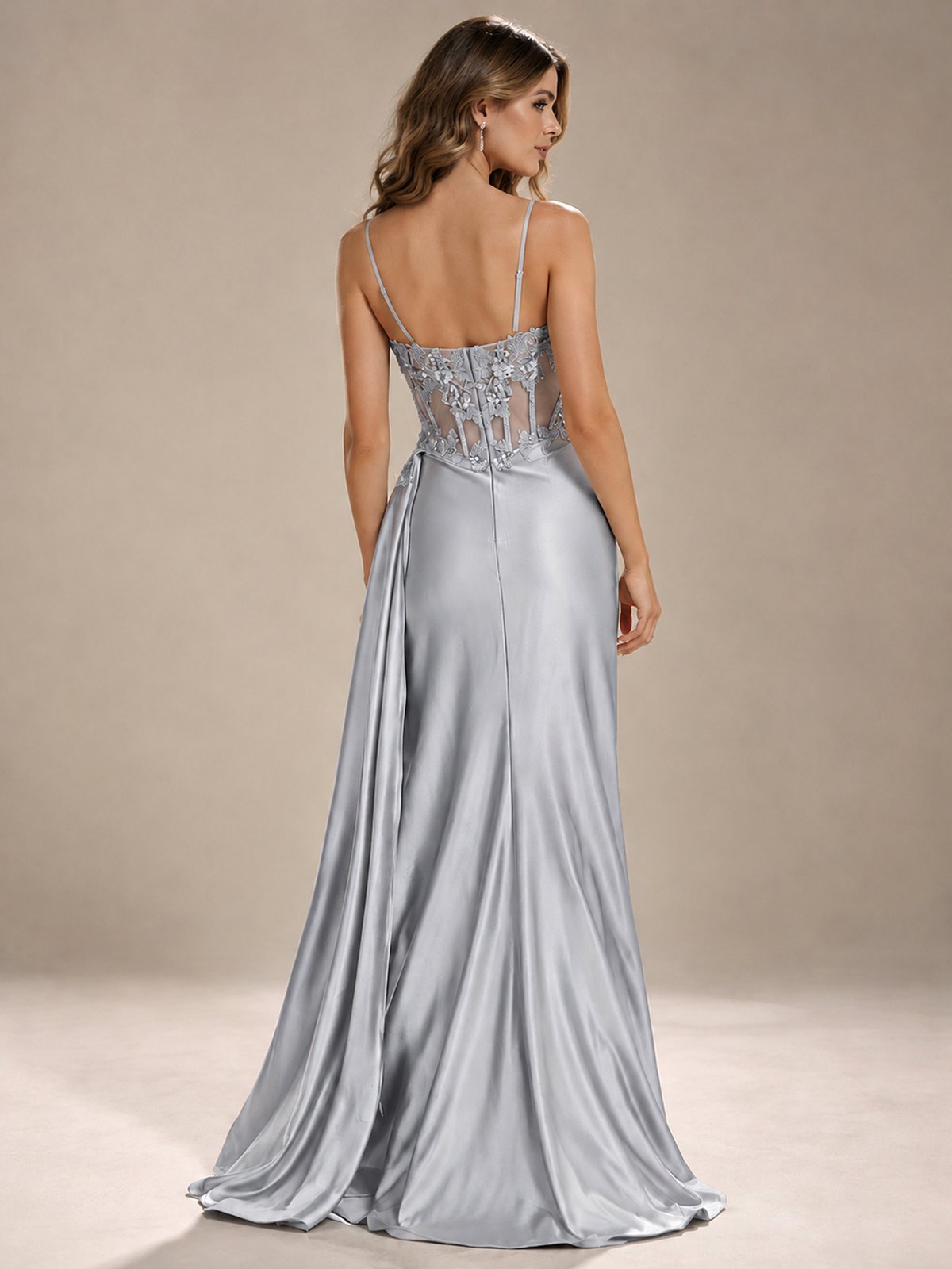 Mermaid Satin Prom Dress with Floral Appliqué Corset and High Slit