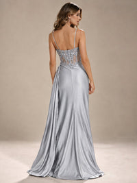 Mermaid Satin Prom Dress with Floral Appliqué Corset and High Slit