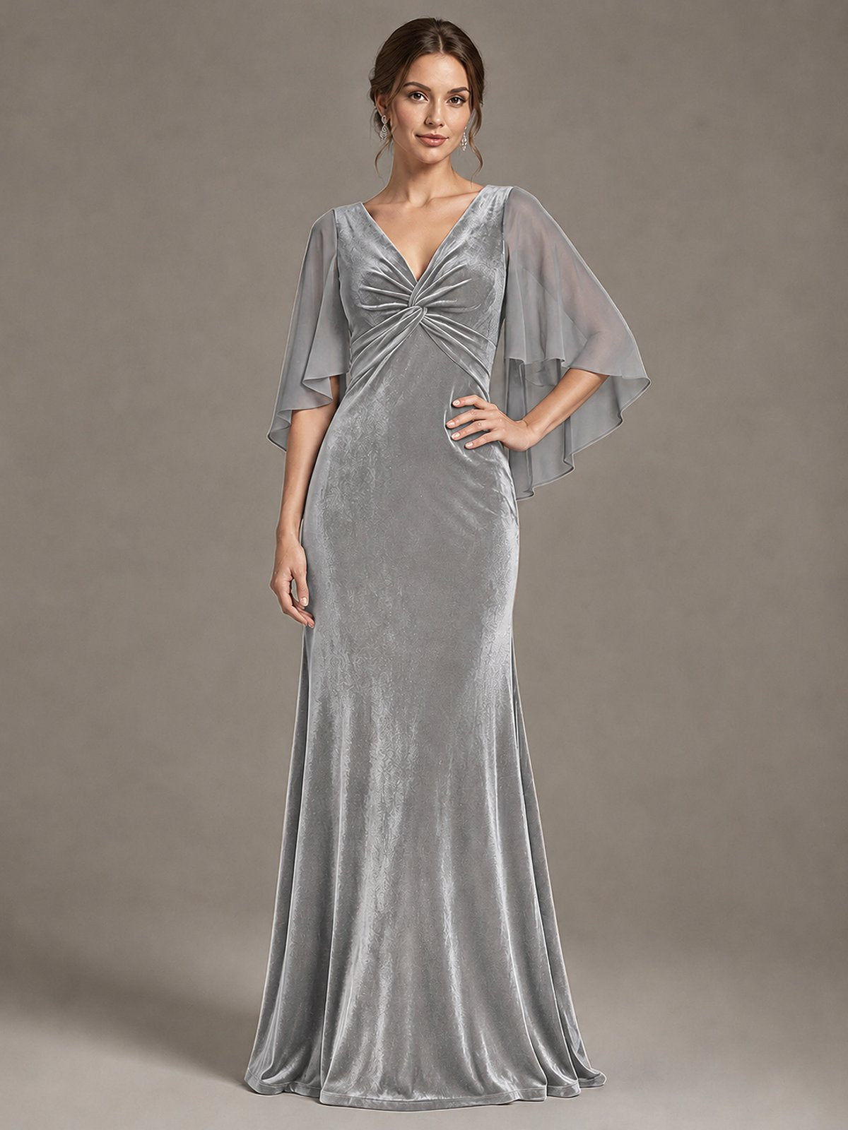 Navy Blue Velvet V Neck Mermaid Formal Dress with Flutter Cape Sleeves