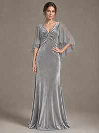 Navy Blue Velvet V Neck Mermaid Formal Dress with Flutter Cape Sleeves