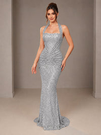 Silver Halter Sequin Mermiad Ruched Prom Dress Long Ruched Eveing Gown