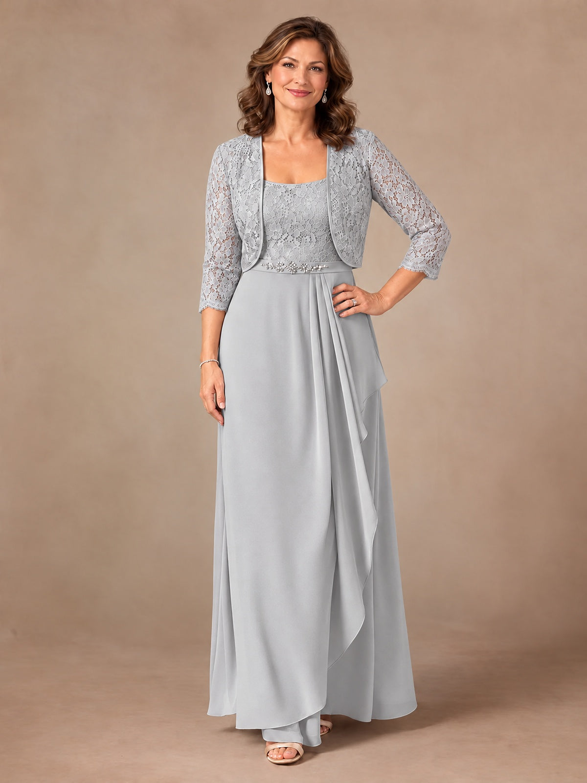 Blush Pink A-Line Mother of the Bride Dress with Lace Jacket and Ruffles