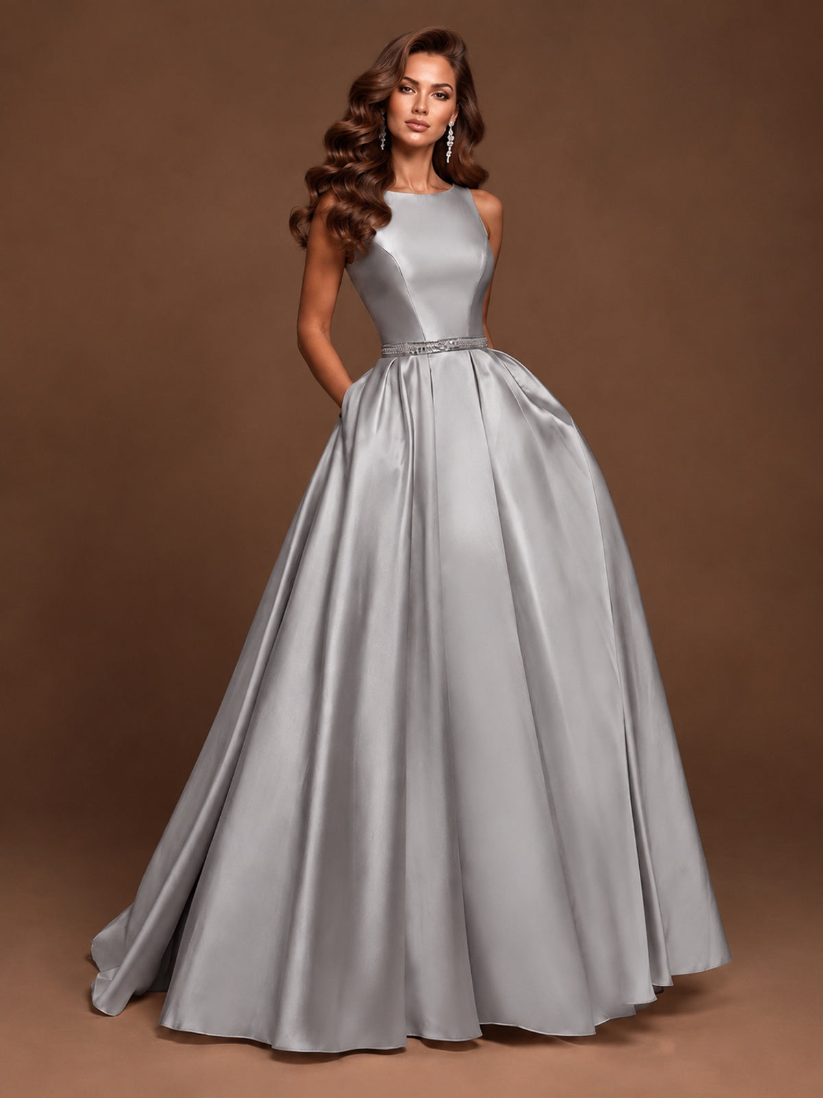 Satin A-Line Prom Dress Sleeveless Beaded Waist Formal Gown with Pockets