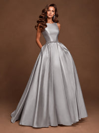 Satin A-Line Prom Dress Sleeveless Beaded Waist Formal Gown with Pockets