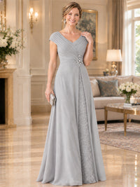 Pleated Chiffon Lace Mother of The Bride Dresses with Beading Cap Sleeves
