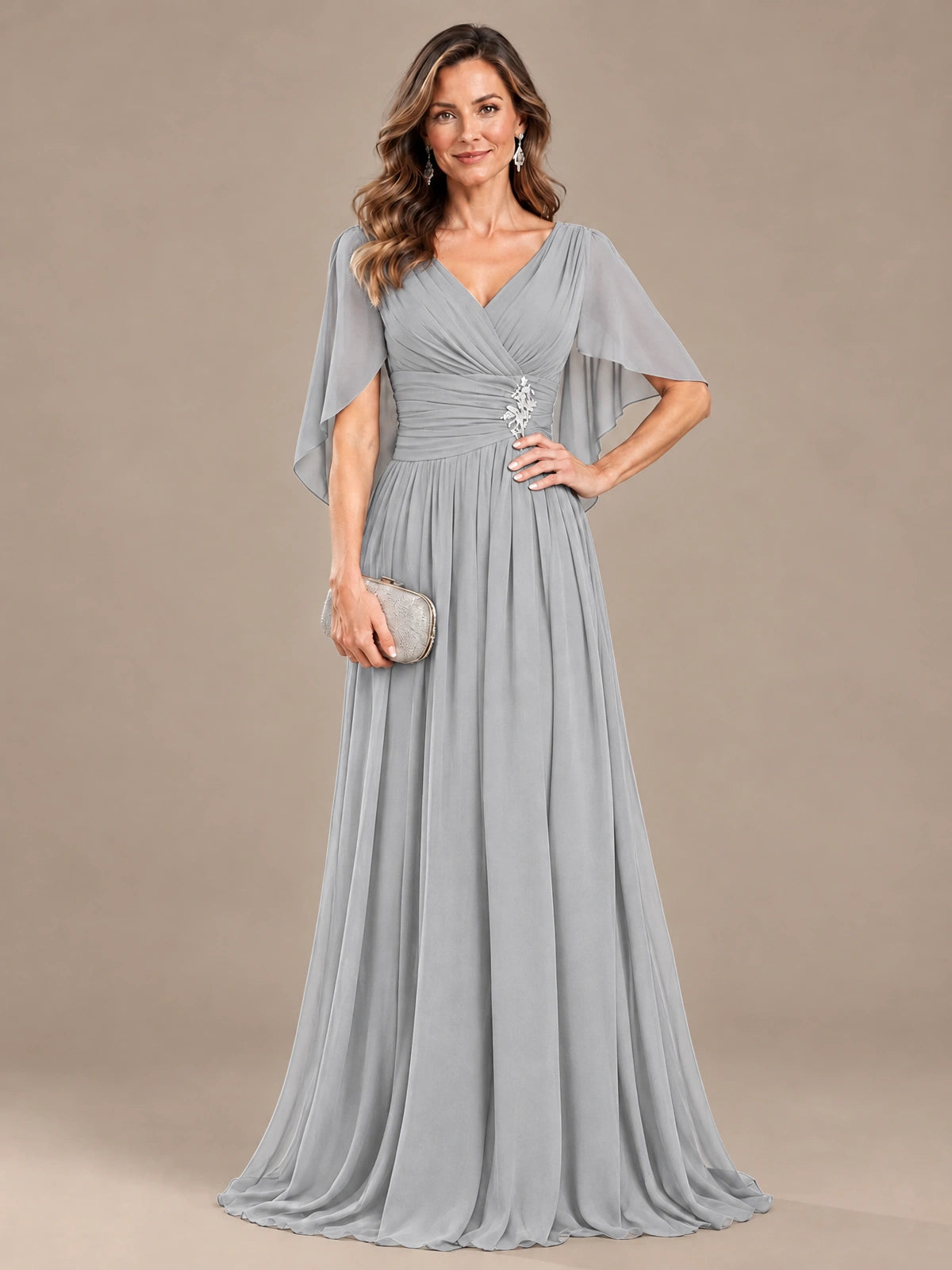 Ruched V Neck Mother of The Bride Dresses with Shawls Appliques and Cap Sleeves