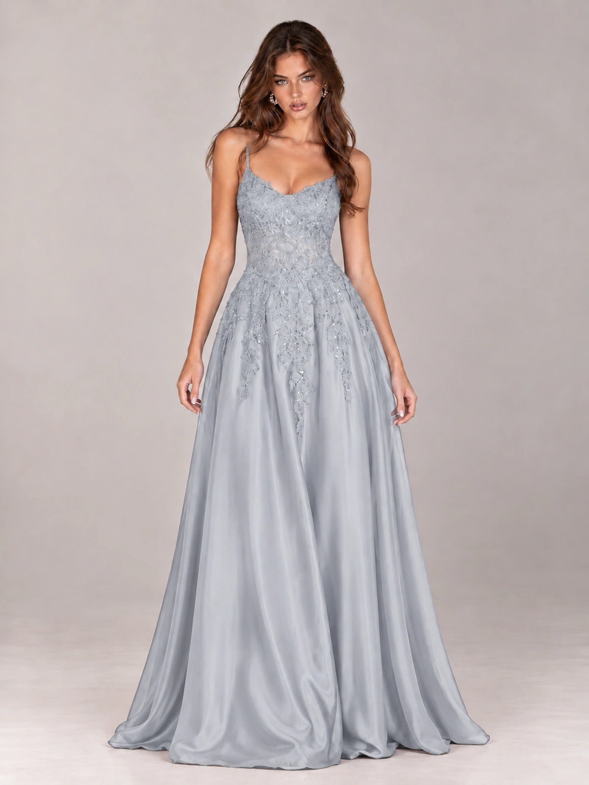 Lace Applique Satin A-Line Prom Dress with Sheer Bodice