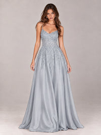 Lace Applique Satin A-Line Prom Dress with Sheer Bodice