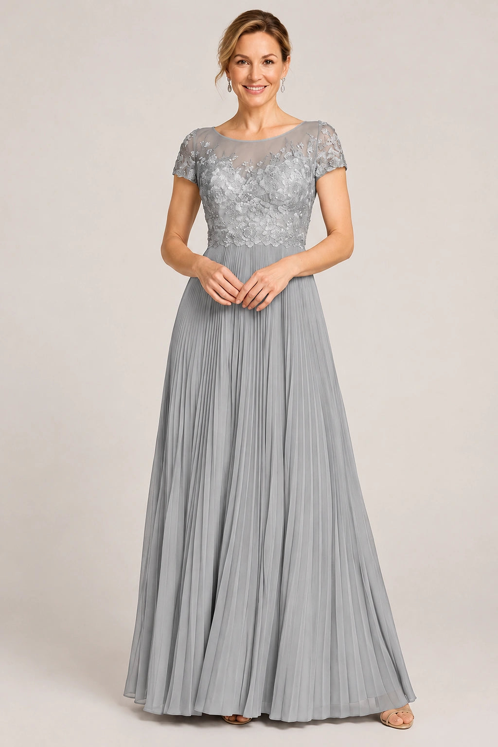 Embroidered Lace Pleated Mother of the Bride Dress