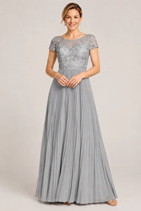 Embroidered Lace Pleated Mother of the Bride Dress