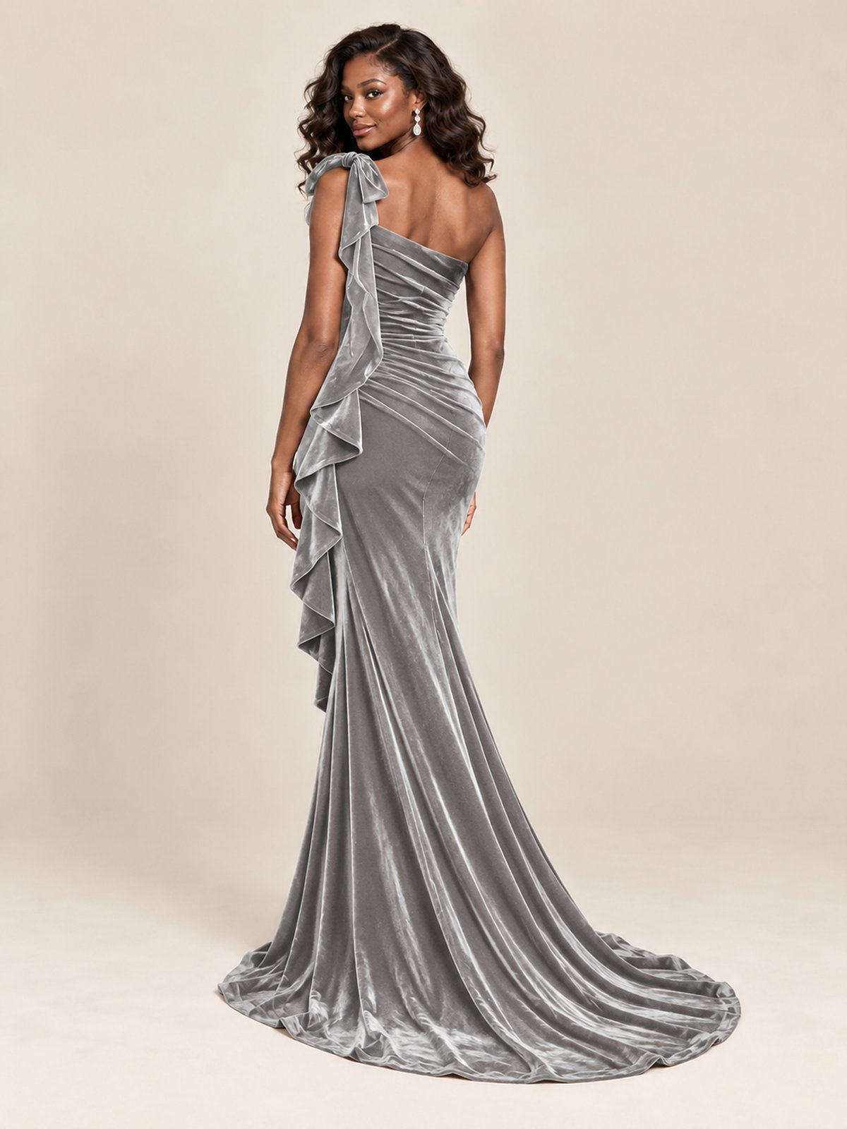 Black Velvet One-Shoulder Mermaid Evening Gown with Bow & Ruffles