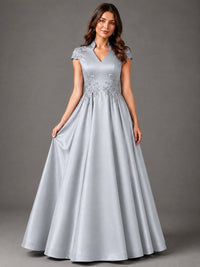 Lace Appliqué A-Line Satin Maxi Dress