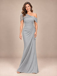 Silver-Lace One Shoulder Chiffon Ruched Mother of The Bride Dresses