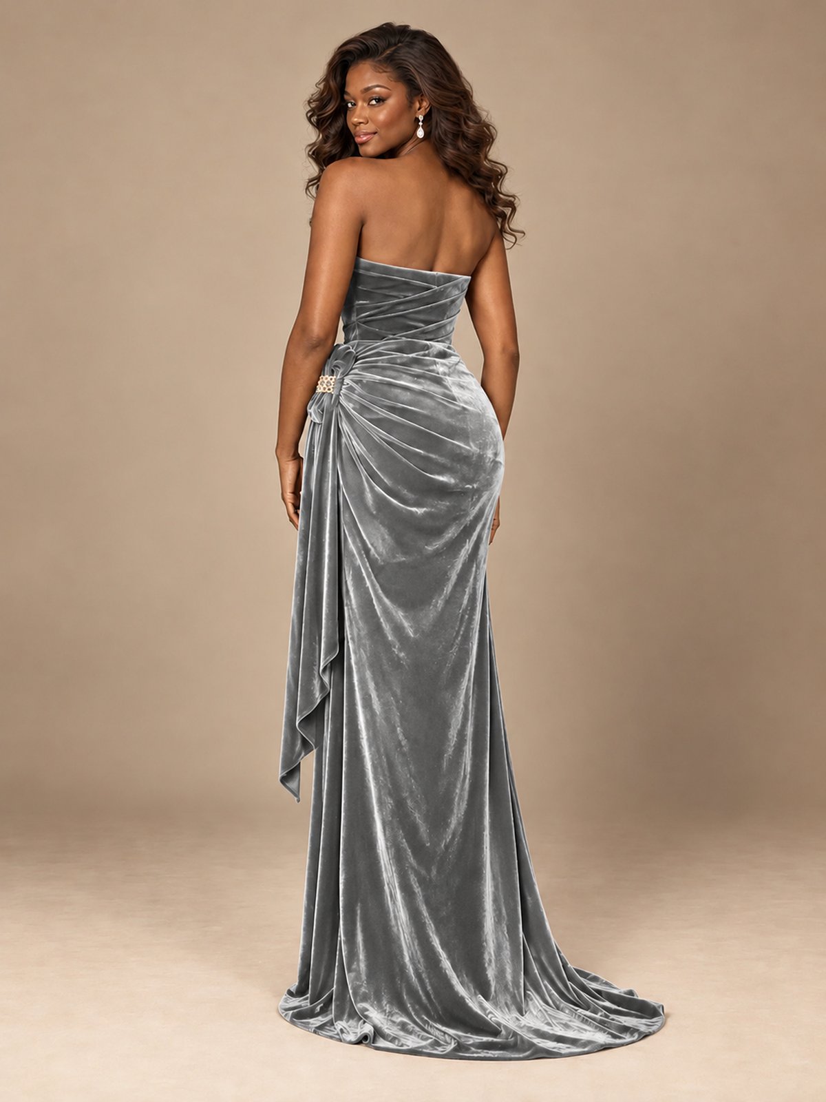 Burgundy Velvet Strapless Ruched Prom Dress with Jeweled Side Drape