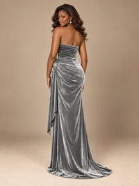 Burgundy Velvet Strapless Ruched Prom Dress with Jeweled Side Drape