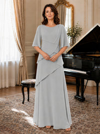 Asymmetric Draped Chiffon Mother of the Bride Dress with Flutter Sleeves