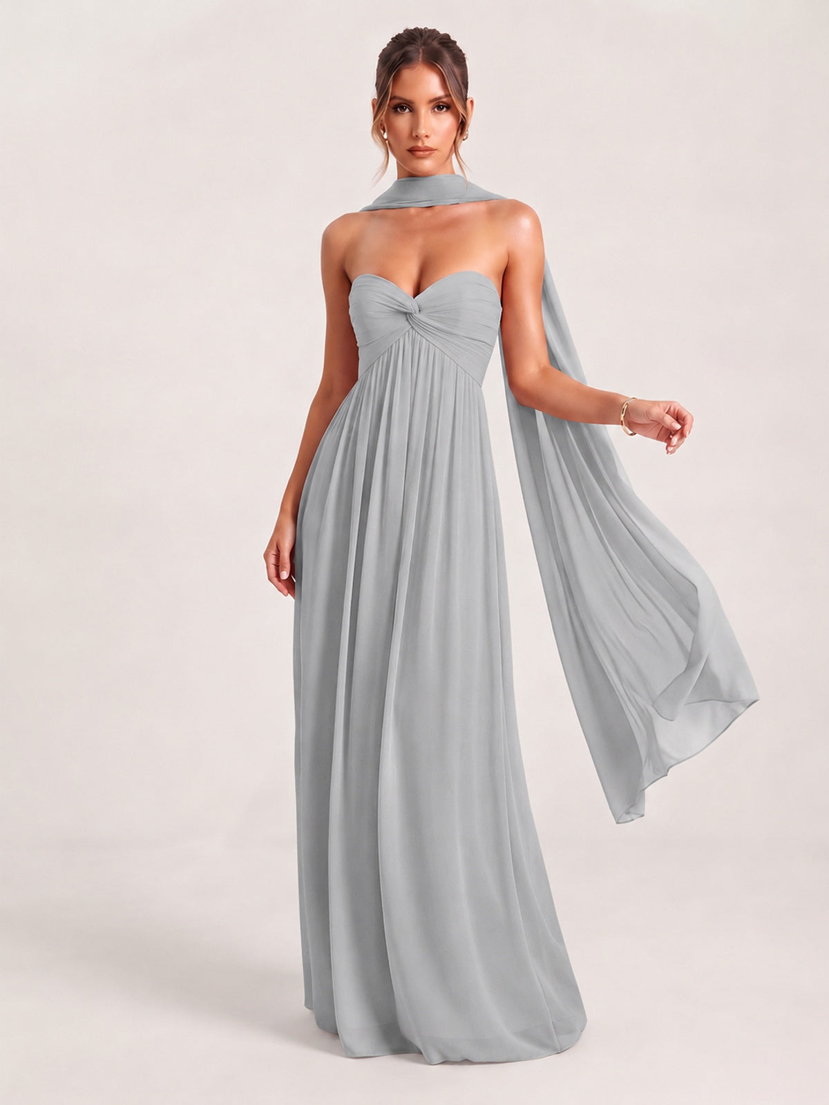 Silver Strapless Ruched Chiffon Long Prom Dress with Scarf A-line Sweetheart Ruffled Formal Wedding Guest Dress Evening Gown