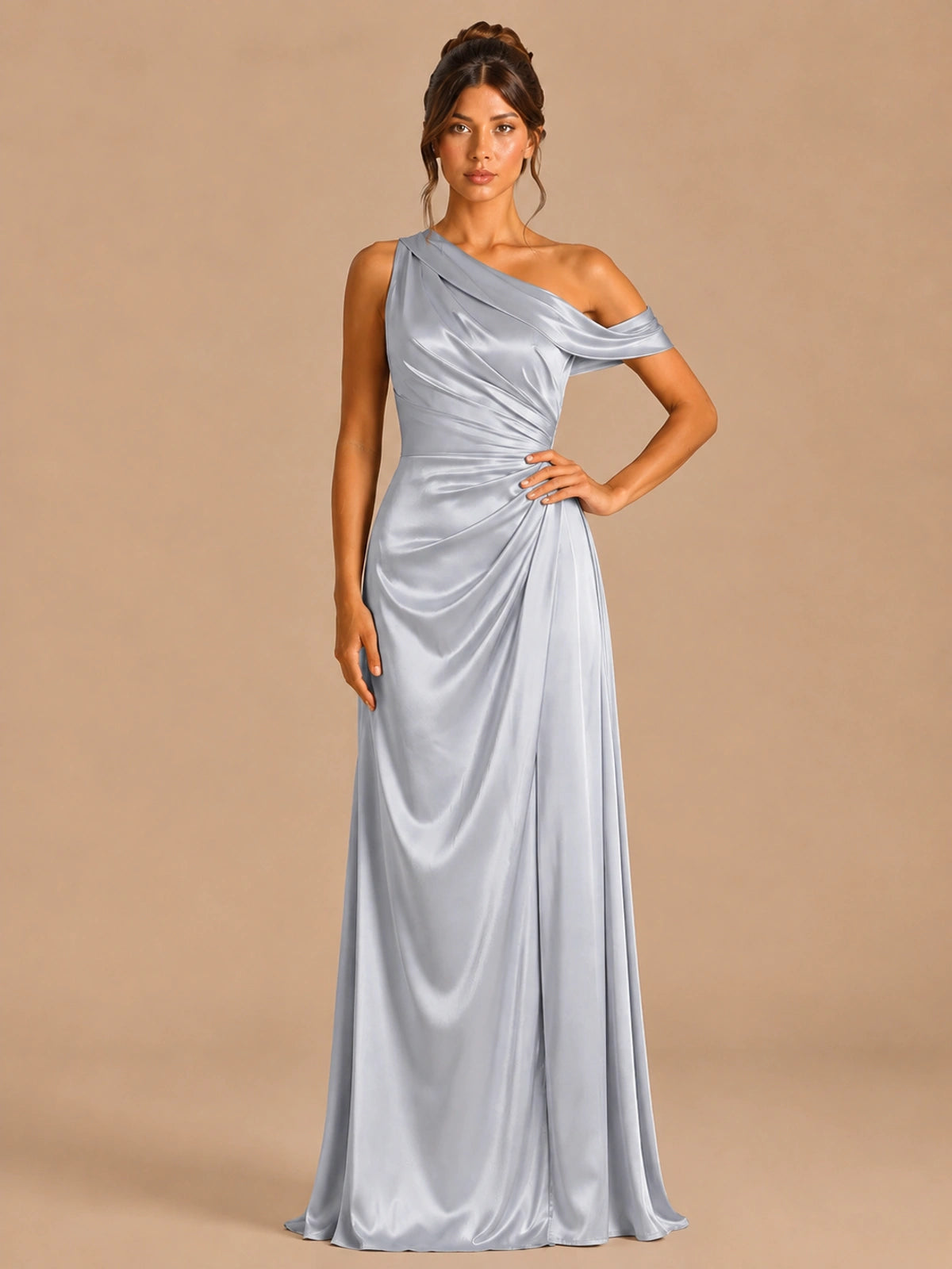 Silver-satin one shoulder prom dress ruched long formal gow Jovelle