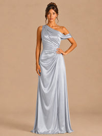 Silver-satin one shoulder prom dress ruched long formal gow Jovelle