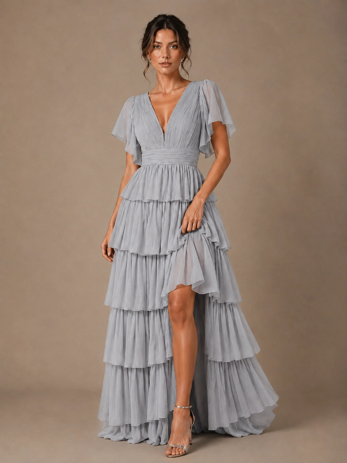 Chiffon V-Neck Tiered Ruffle Bridesmaid Dress with Slit