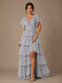 Chiffon V-Neck Tiered Ruffle Bridesmaid Dress with Slit