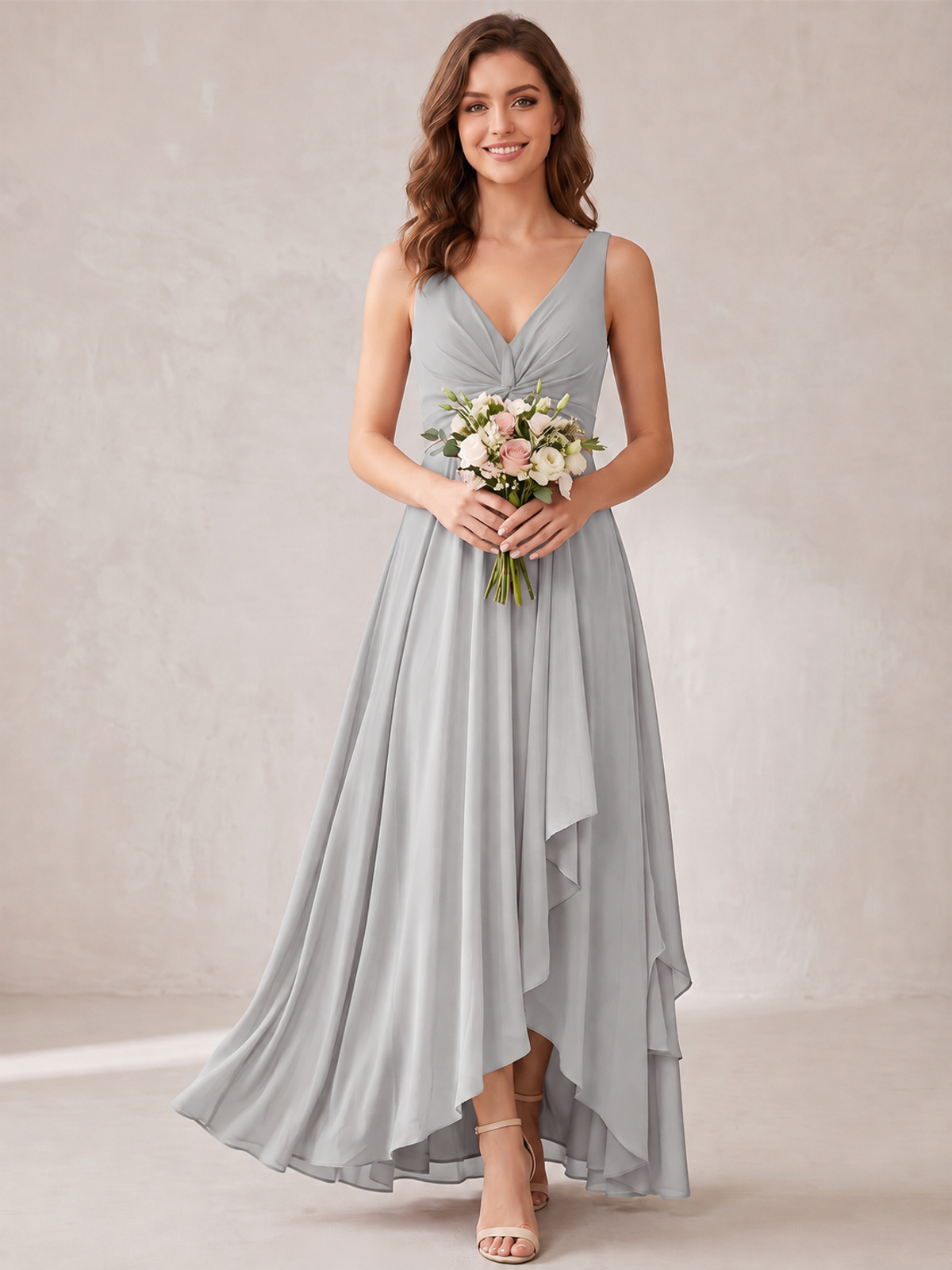 V-Neck High-Low Chiffon Bridesmaid Dress with Ruffles