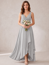 V-Neck High-Low Chiffon Bridesmaid Dress with Ruffles