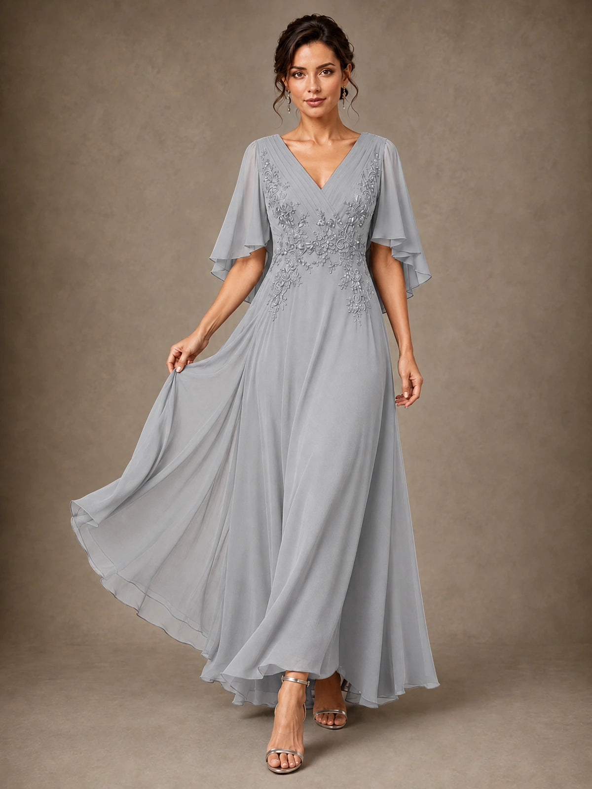 V-Neck Chiffon Lace Mother of the Bride Dress with Flutter Sleeves