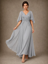 V-Neck Chiffon Lace Mother of the Bride Dress with Flutter Sleeves