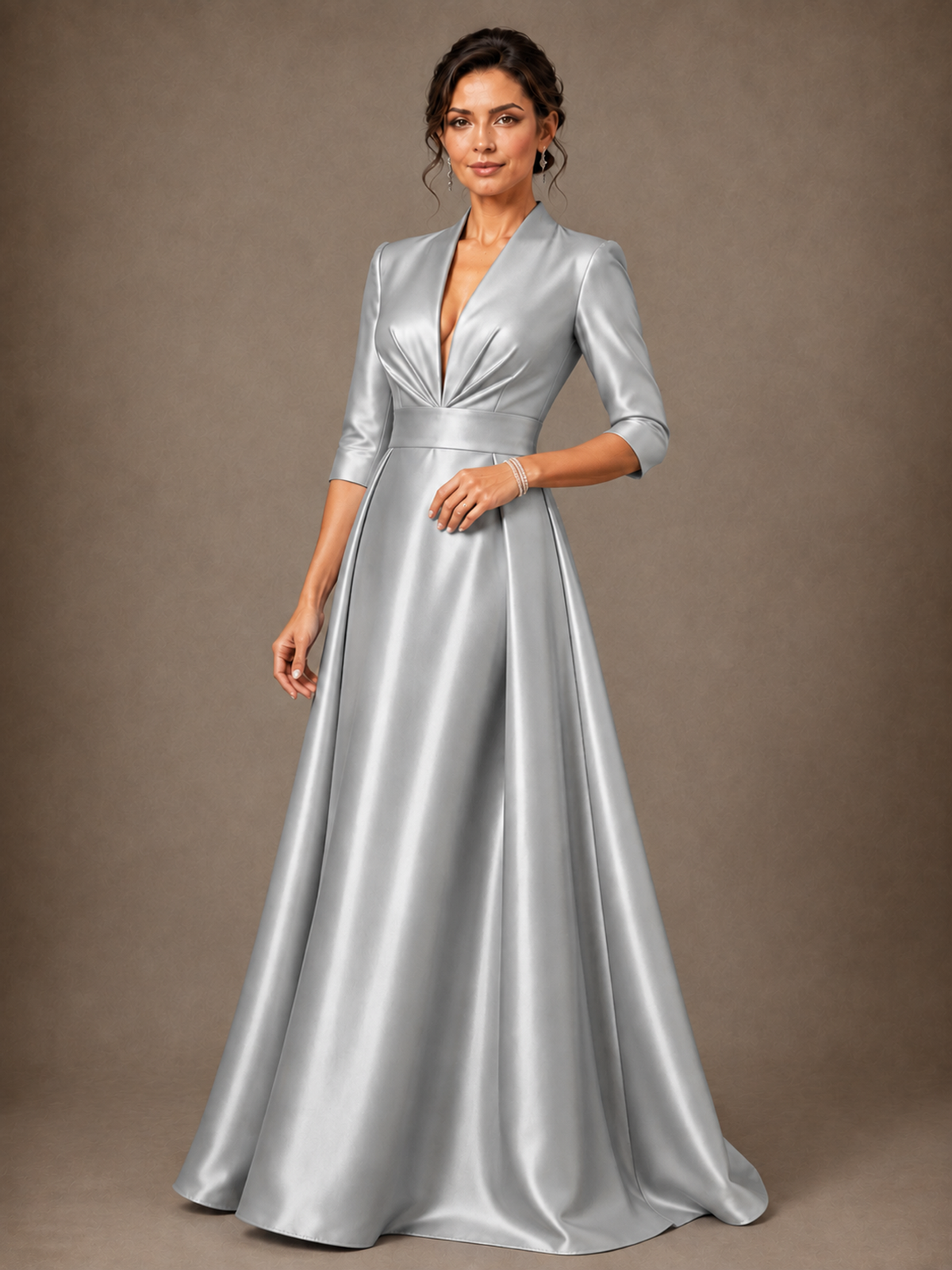 V-Neck Pleated Satin Mother of the Bride Gown with 3/4 Sleeves