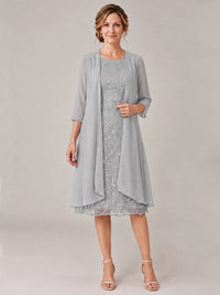 Silver-2 Piece Lace Appliques Chiffon Mother of The Bride Dress with Sequin