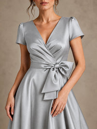 V-Neck Tea-Length Satin Mother of the Bride Dress with Bow