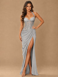 Sweetheart Halter Prom Dress Pleated Lace Floral Formal Dress with Slit