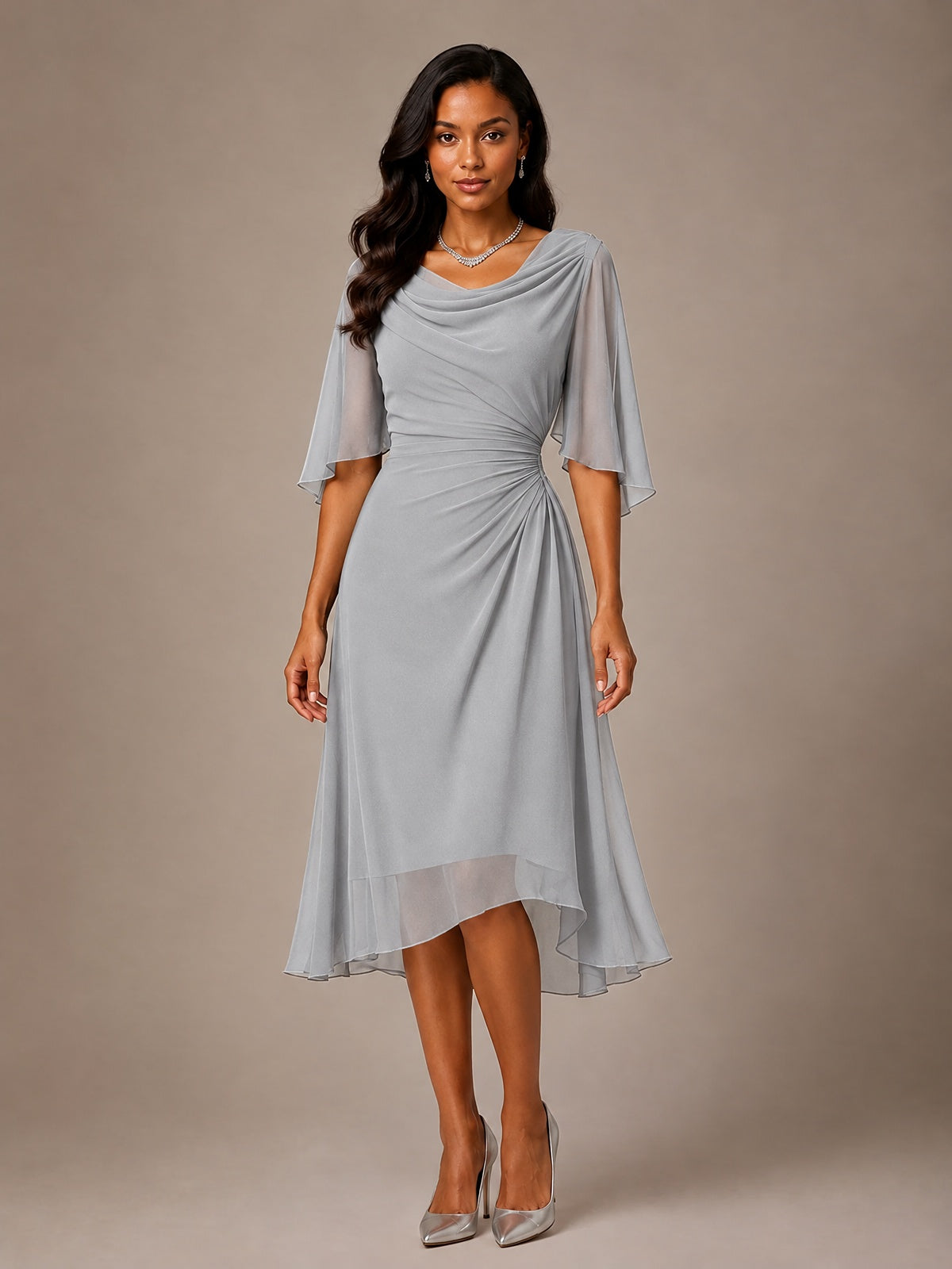 Cowl Neck Ruched Chiffon Mother of the Bride Dresses with Flutter Sleeves