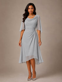 Cowl Neck Ruched Chiffon Mother of the Bride Dresses with Flutter Sleeves