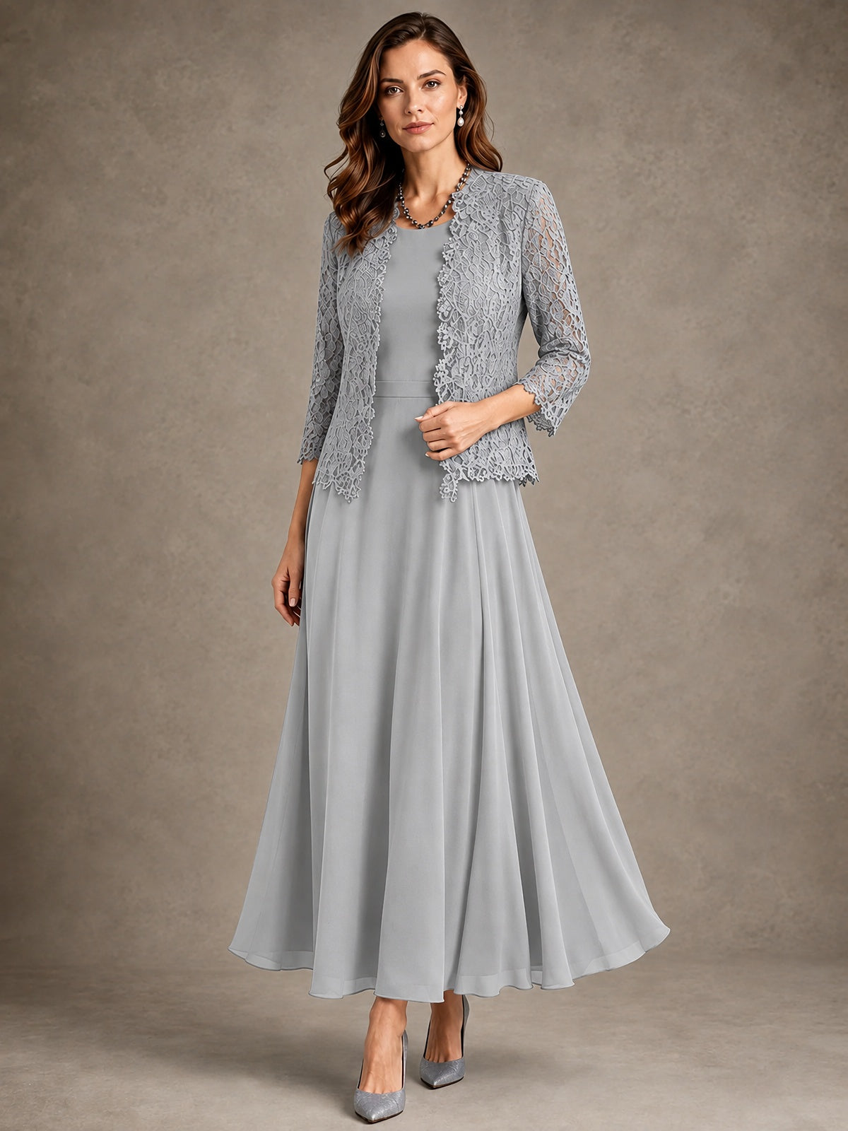 2-Piece Chiffon Mother of the Bride Dress with Lace Jacket