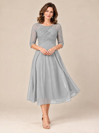 Silver-Lace Applique Pleated Tea Length Mother of The Bride Dresses