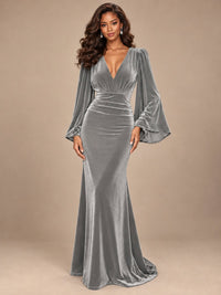 Burgundy Velvet Deep V-Neck Ruched Long Sleeve Maxi Dress