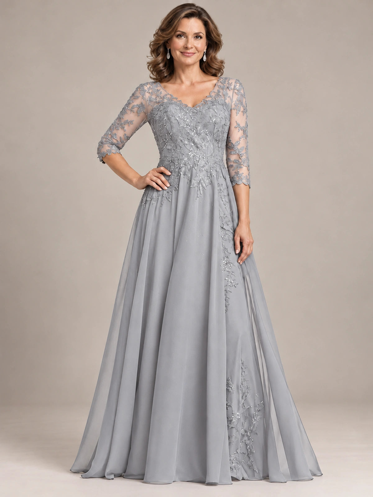 Sequin Lace A-Line Mother of the Bride Dress with 3/4 Sleeves