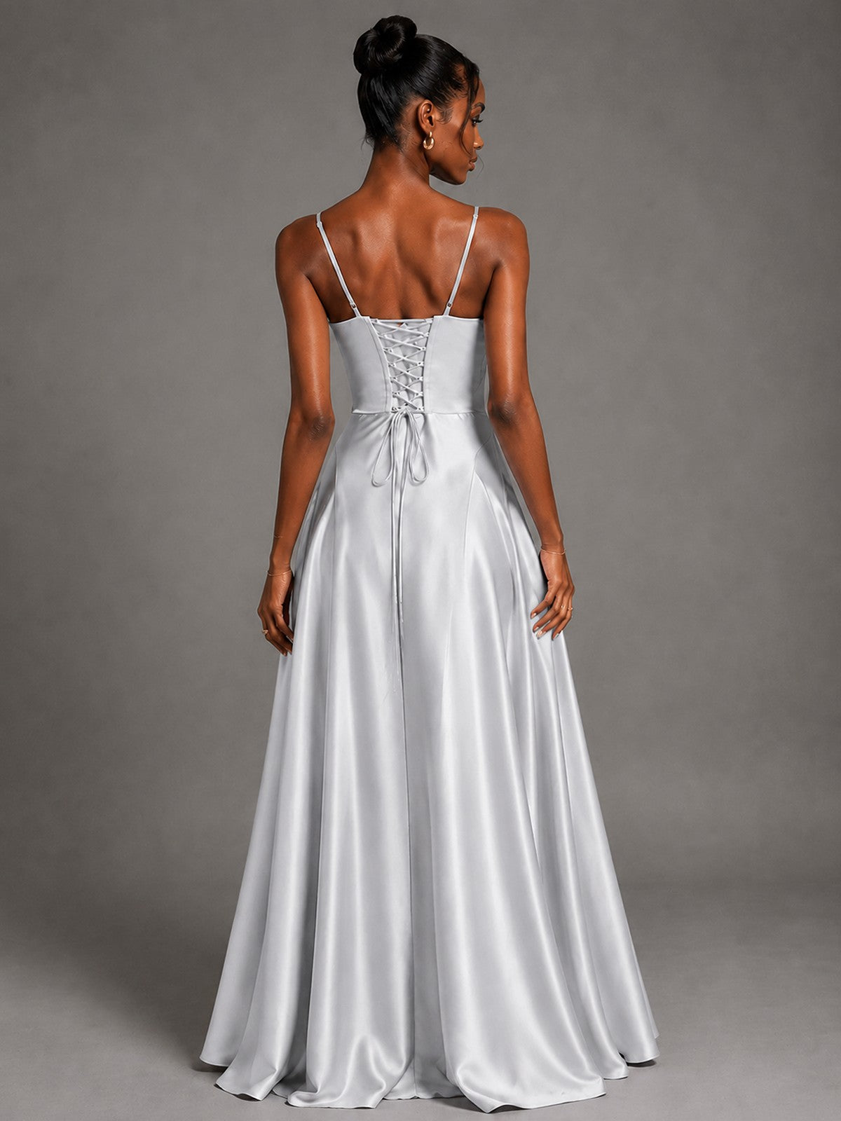 Lavender V Neck Satin Prom Dress with Spaghetti Straps