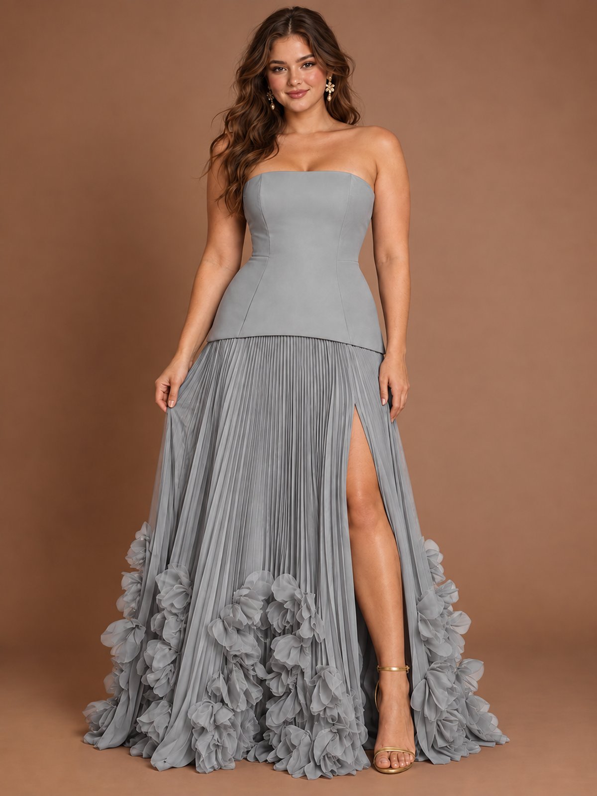 Strapless Pleated Floral Satin Formal Dress with Side Slit