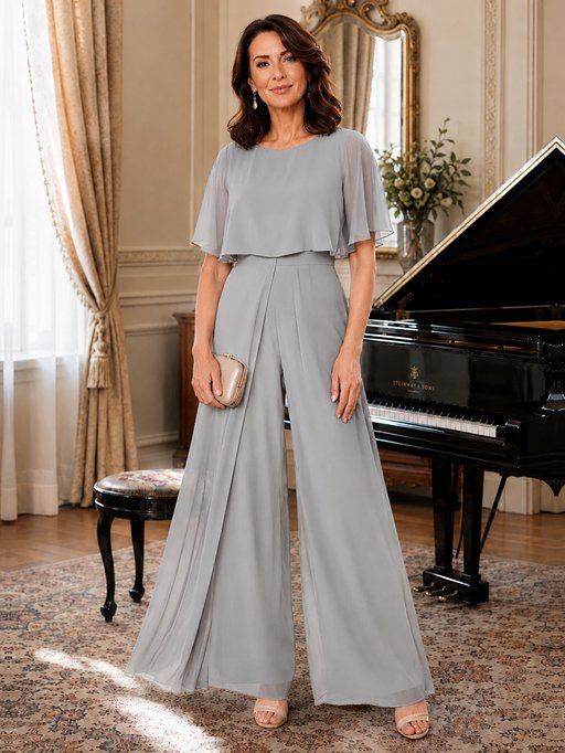 Chiffon Mother of the Bride Jumpsuit with Layered Cape Sleeves