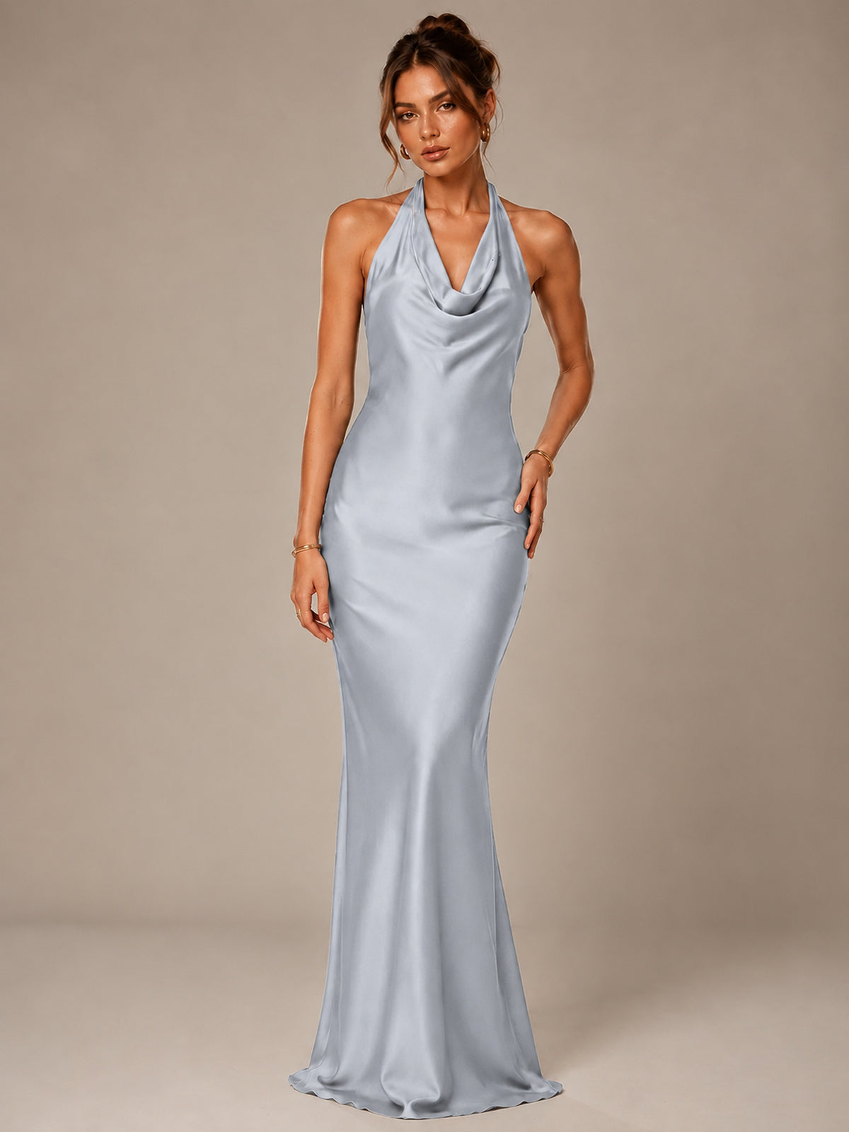 Olive Green Halter Satin Mermaid Maxi Dress