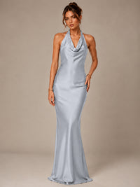 Olive Green Halter Satin Mermaid Maxi Dress
