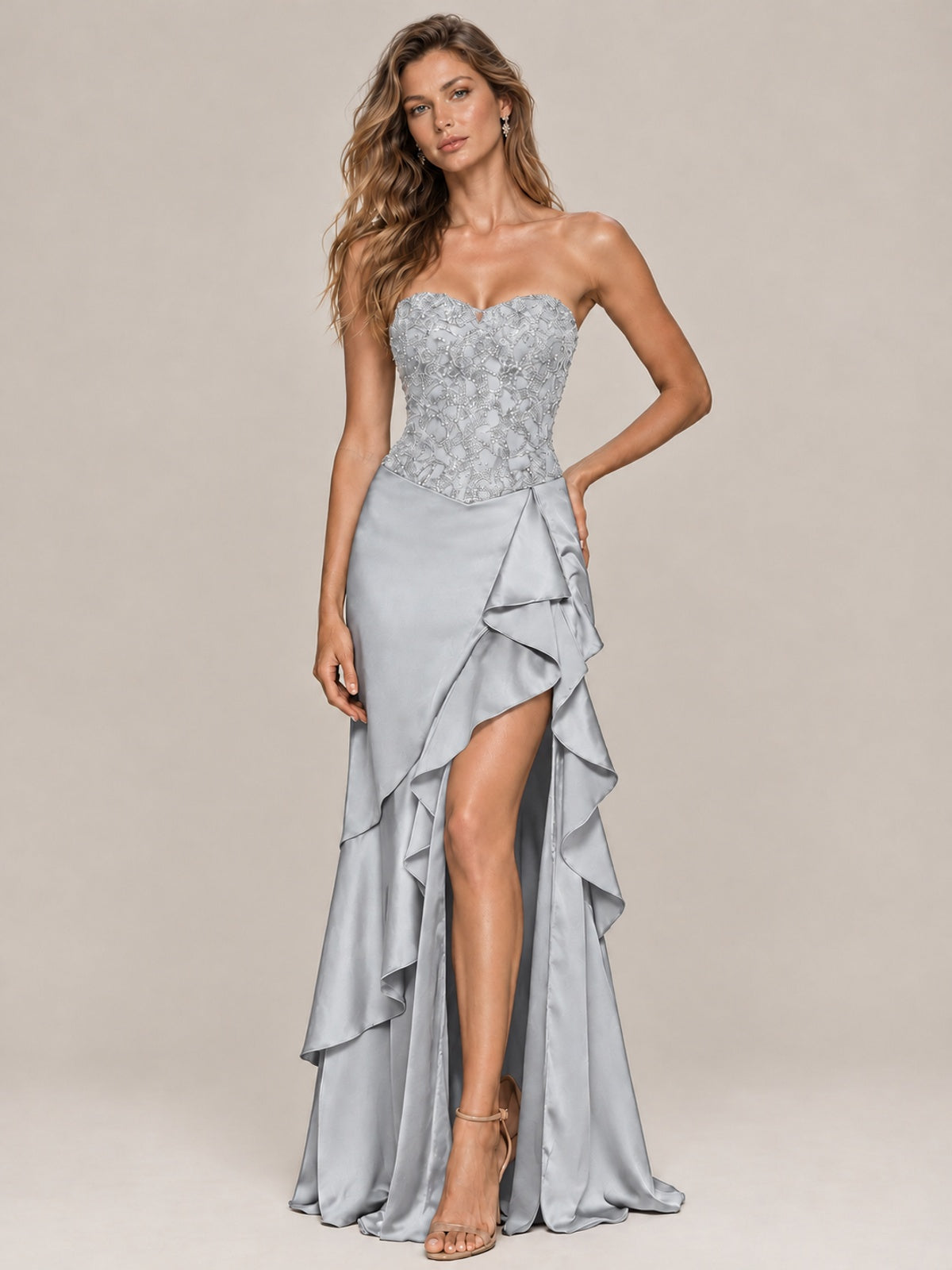 Strapless Lace Appliques Corset Satin Prom Dress Ruffle Slit Evening Gown