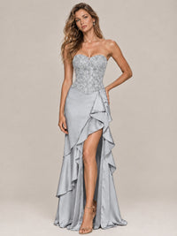 Strapless Lace Appliques Corset Satin Prom Dress Ruffle Slit Evening Gown
