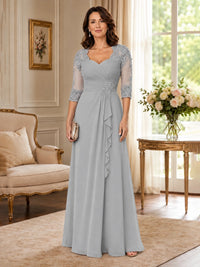 Chiffon Lace Applique Mother of the Bride Dress with 3/4 Sleeves