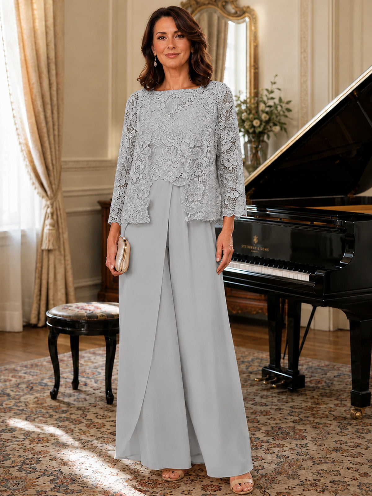 Elegant 3-Piece Chiffon Mother of the Bride Pantsuit with Floral Applique Jacket